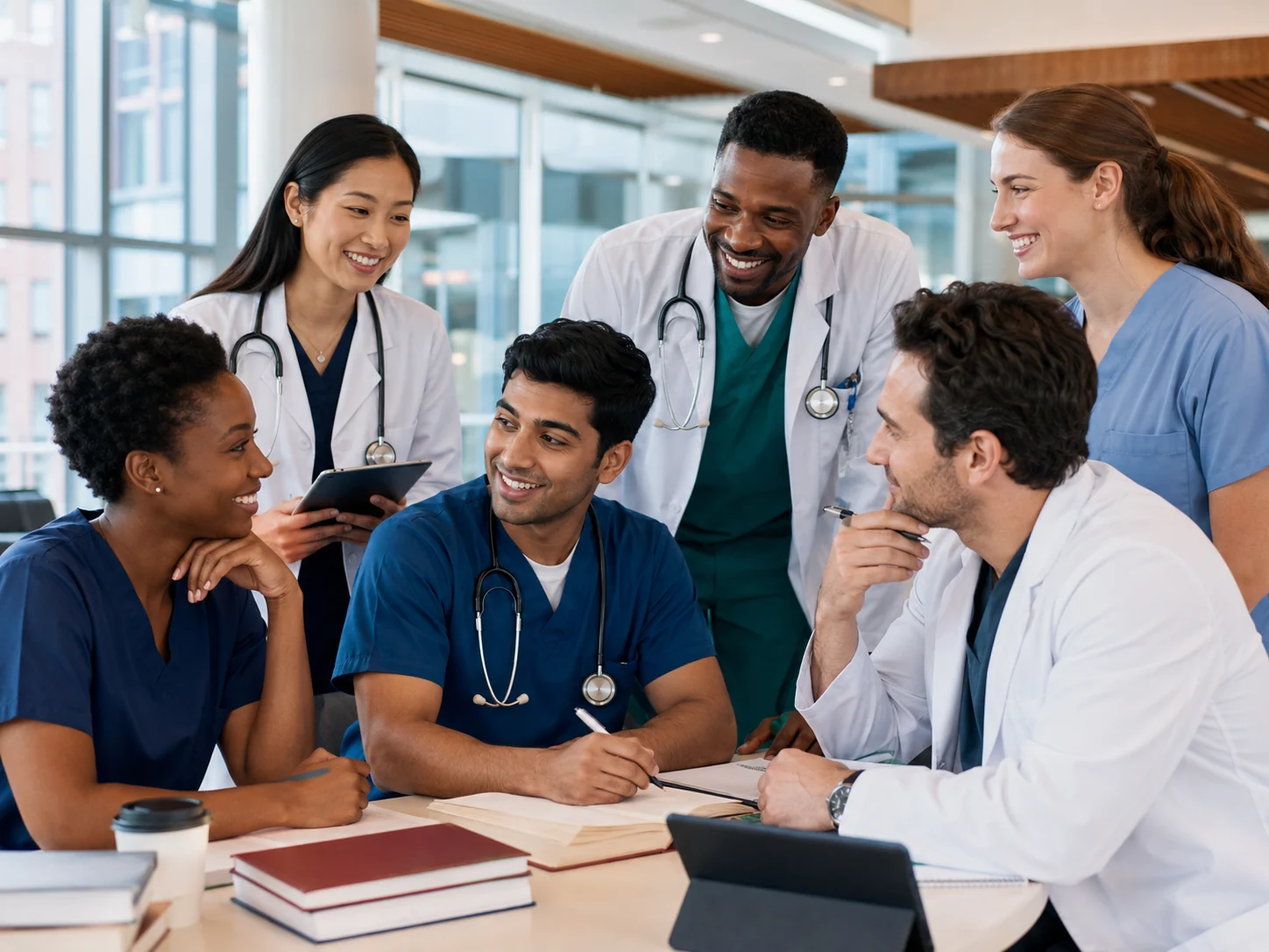 Diverse medical learners and physicians discussing a clinical case