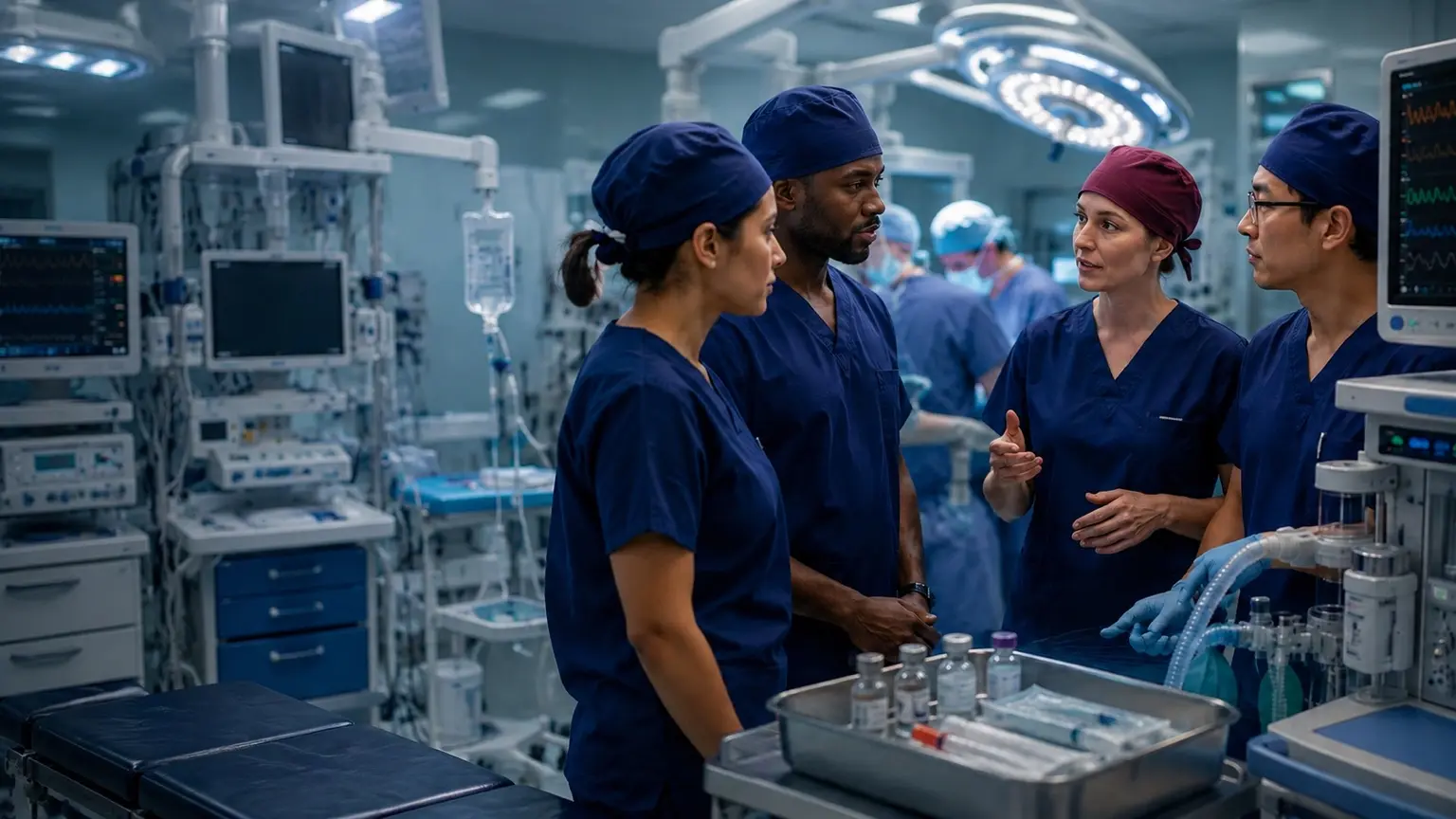 Anesthesiology team discussing a perioperative plan in the operating room