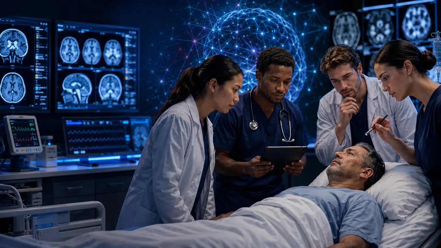 Neurology faculty and learners evaluating a clinical case