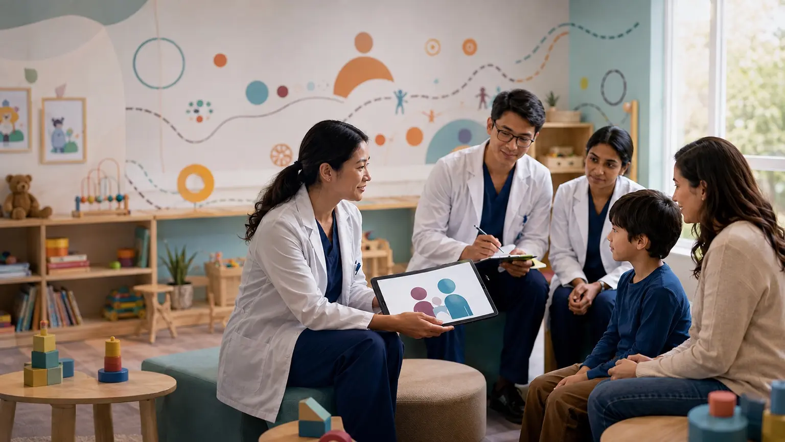 Pediatrics faculty and learners communicating with a child and caregiver
