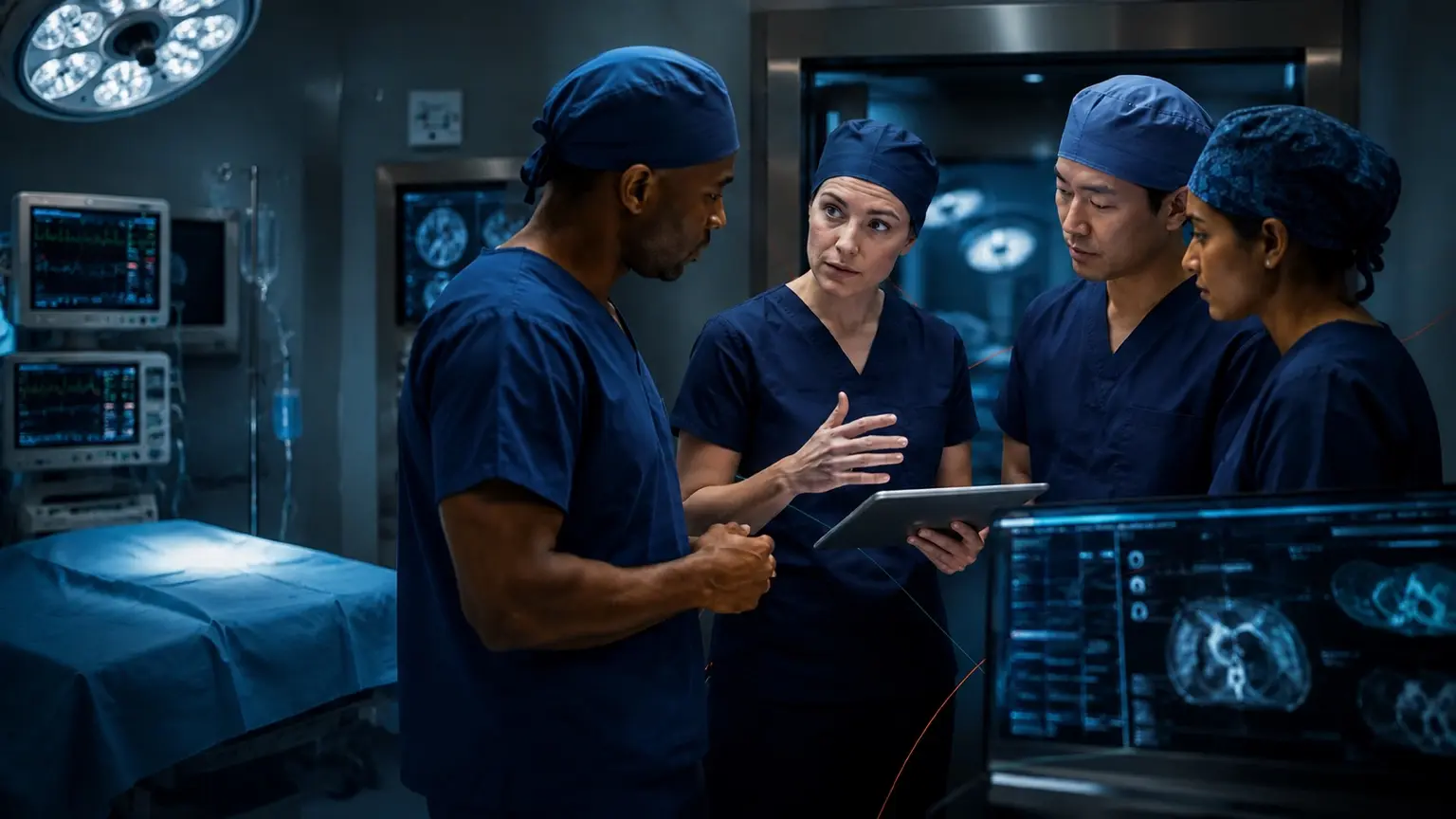 General surgery team reviewing a perioperative case